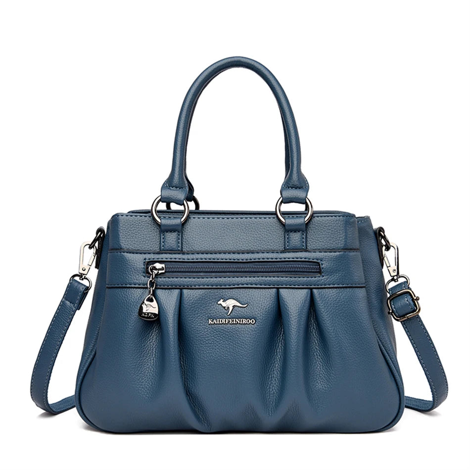 High Quality Leather Handbags Purse Luxury 3 Layers Women Shoulder Croosbody Tote Large Capacity Top-handle Female Ruched Sac