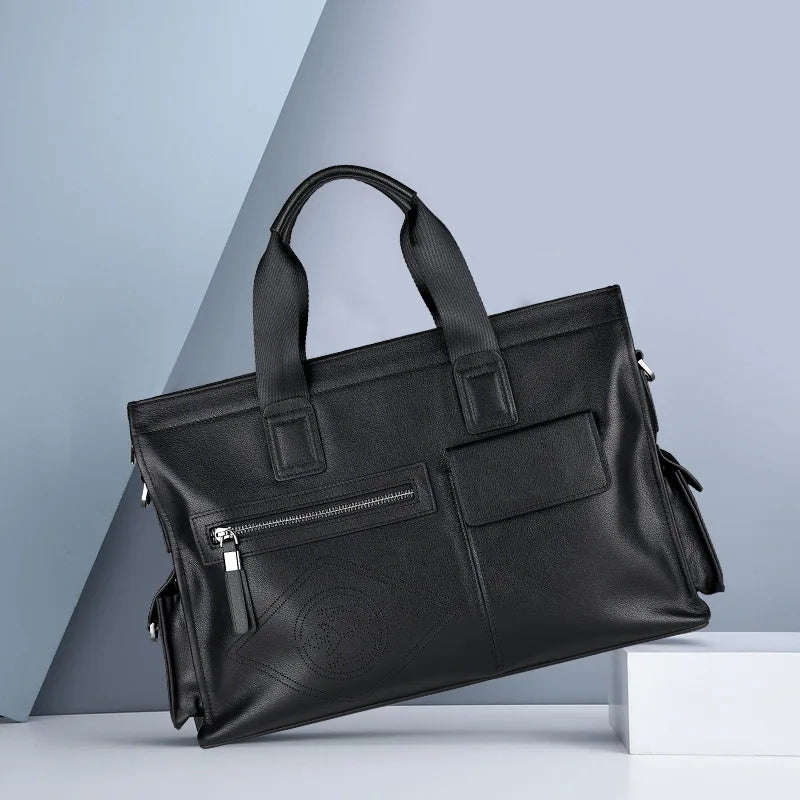 Men’s Fashion Leather Briefcase Large Capacity Business Tote Bag Trendy Handbag Genuine First Layer Cowhide