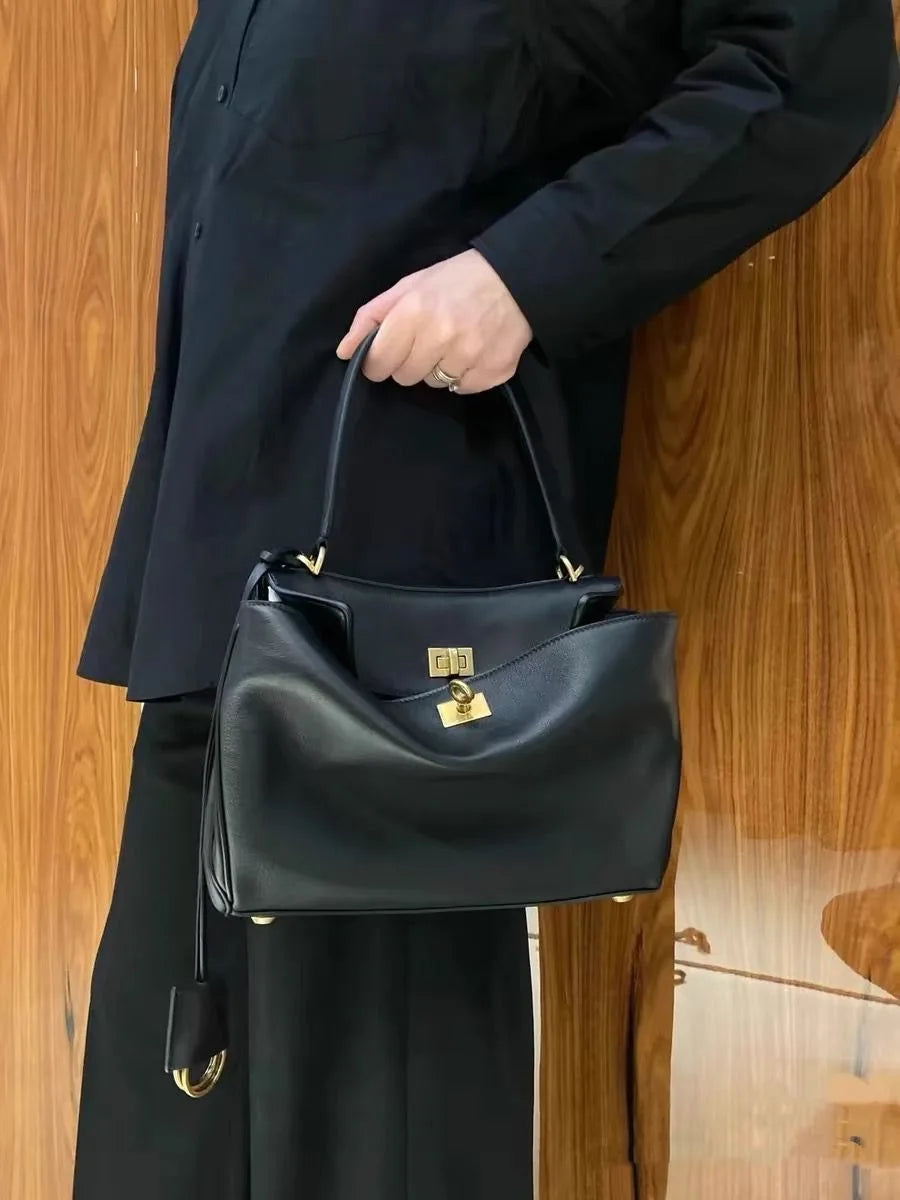 Genuine Leather Tote Bag with Buckle Closure, Large Capacity Underarm Shoulder Bag Designer Handbag Crossbody Purse for Women
