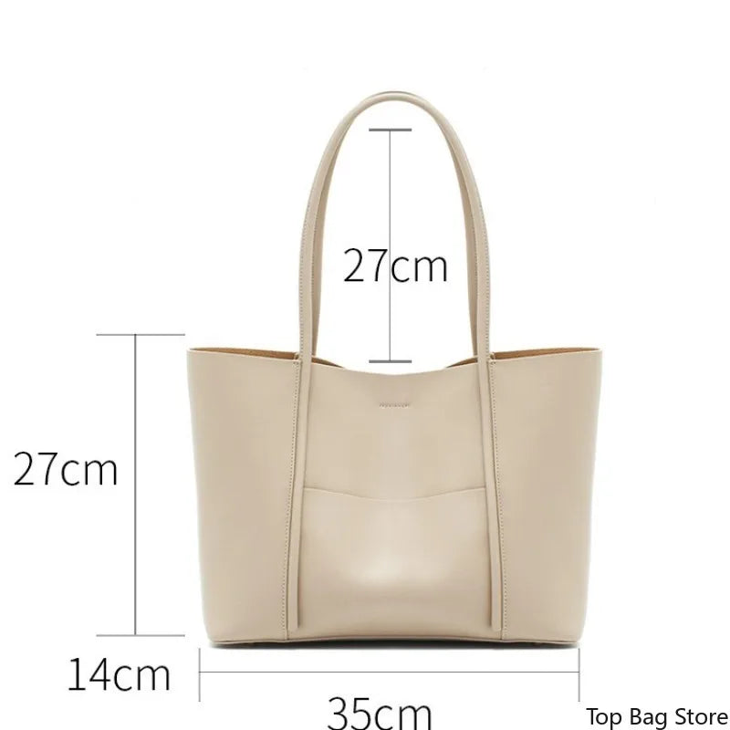 Genuine Leather Tote Bag for Women Commute Large Bag with Detachable Pouch & Shoulder Strap Logo-Free Minimalist Quiet Luxury