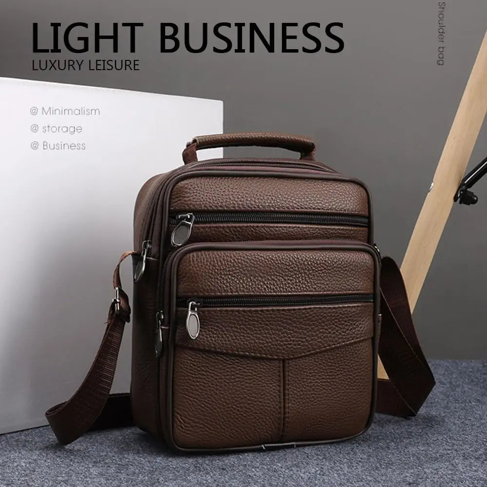 Natural Leather Men's Leather Handbag Small Size Tablet Compartment Genuine Leather Shoulder Bag Shoulder Strap Messenger Style