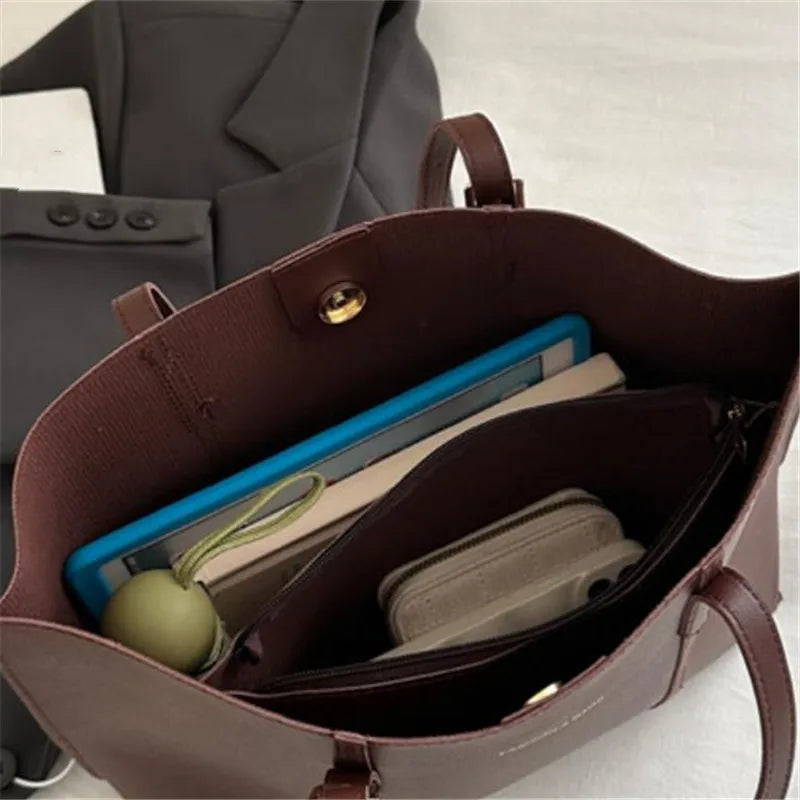 Black Leather Tote Bag with Clutch Bag, Large Capacity Handbag Shoulder Bags for Women Work, Travel, Everyday Use Commuter Bag