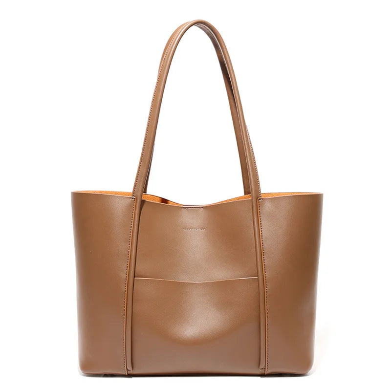 Genuine Leather Tote Bag for Women Commute Large Bag with Detachable Pouch & Shoulder Strap Logo-Free Minimalist Quiet Luxury