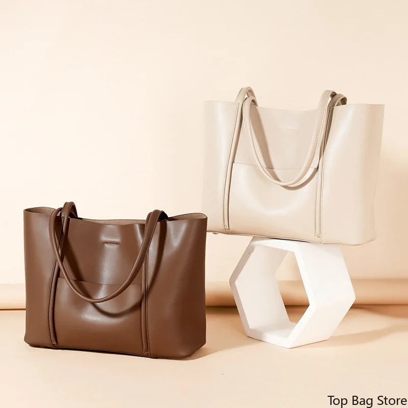 Genuine Leather Tote Bag for Women Commute Large Bag with Detachable Pouch & Shoulder Strap Logo-Free Minimalist Quiet Luxury