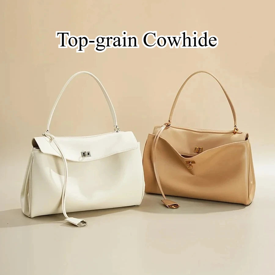 Genuine Leather Tote Bag with Buckle Closure, Large Capacity Underarm Shoulder Bag Designer Handbag Crossbody Purse for Women