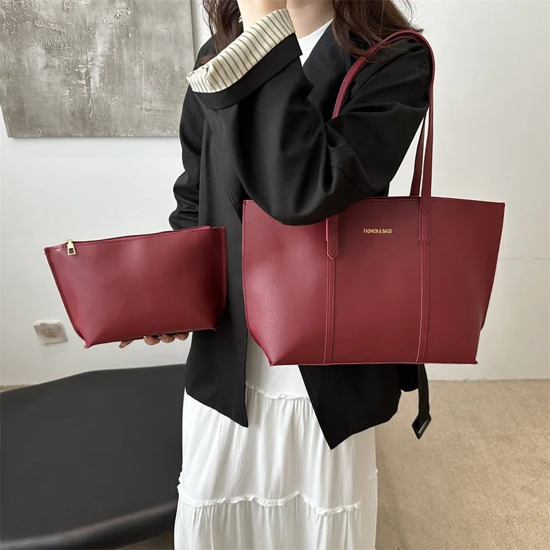 Black Leather Tote Bag with Clutch Bag, Large Capacity Handbag Shoulder Bags for Women Work, Travel, Everyday Use Commuter Bag