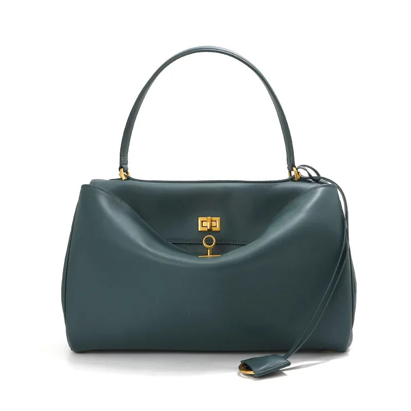 Genuine Leather Tote Bag with Buckle Closure, Large Capacity Underarm Shoulder Bag Designer Handbag Crossbody Purse for Women