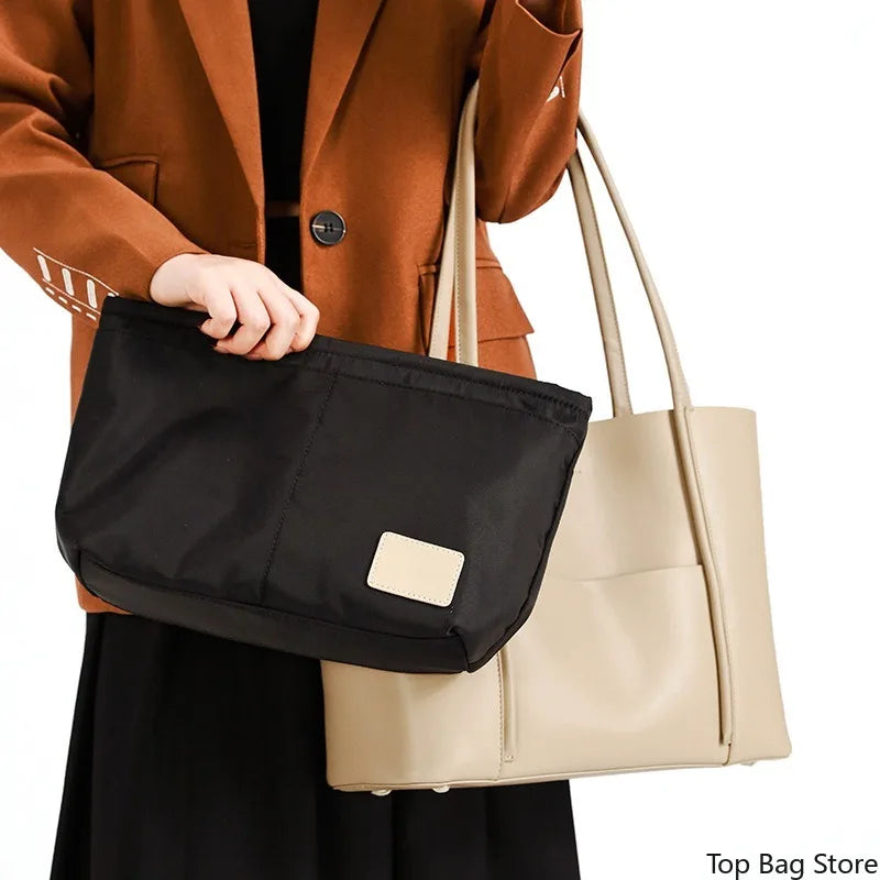 Genuine Leather Tote Bag for Women Commute Large Bag with Detachable Pouch & Shoulder Strap Logo-Free Minimalist Quiet Luxury