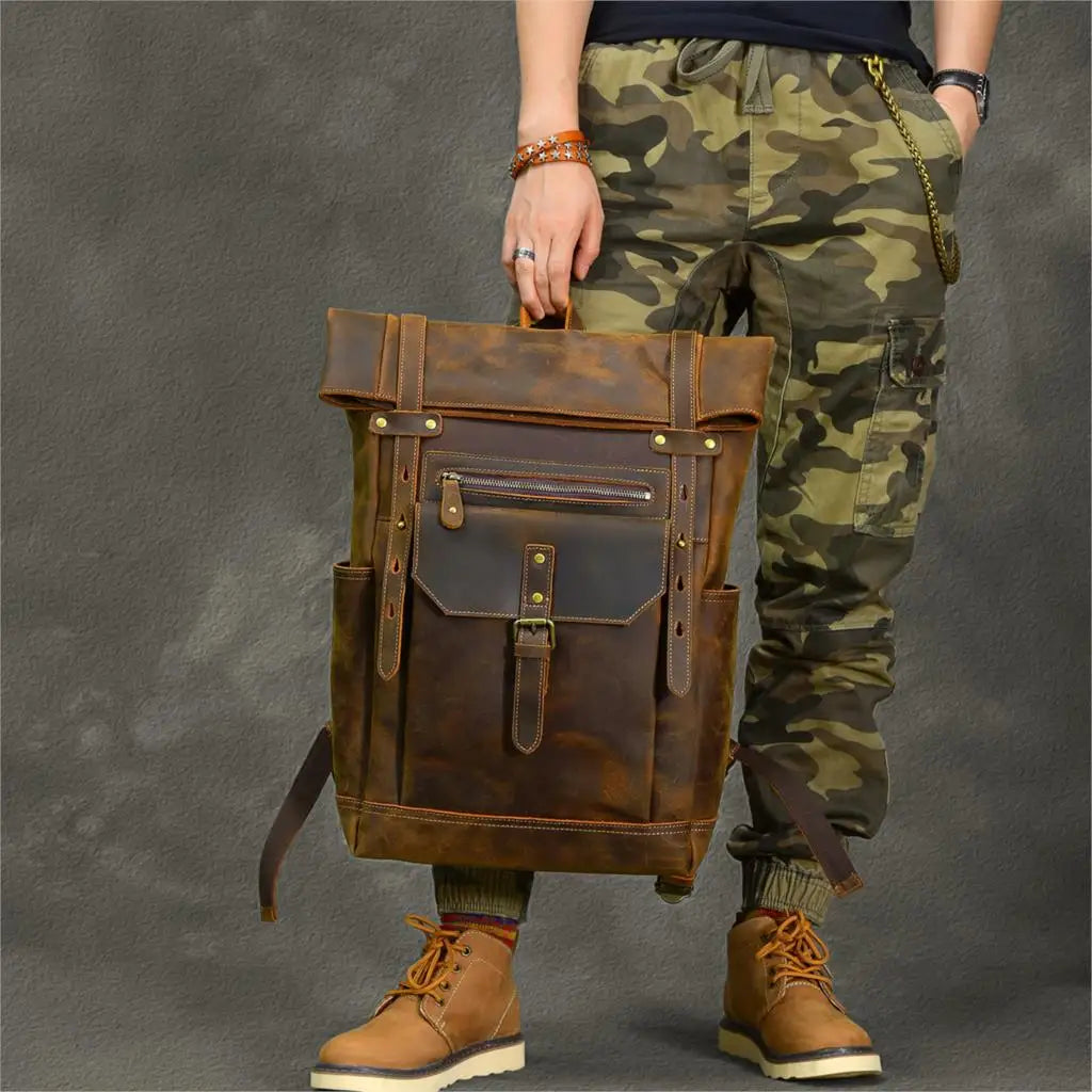 2025 New Genuine Leather Men's Backpack 15-17 Inch Laptop Bag Large Capacity Travel Backpacks Schoolbag Retro Shoulder Bags