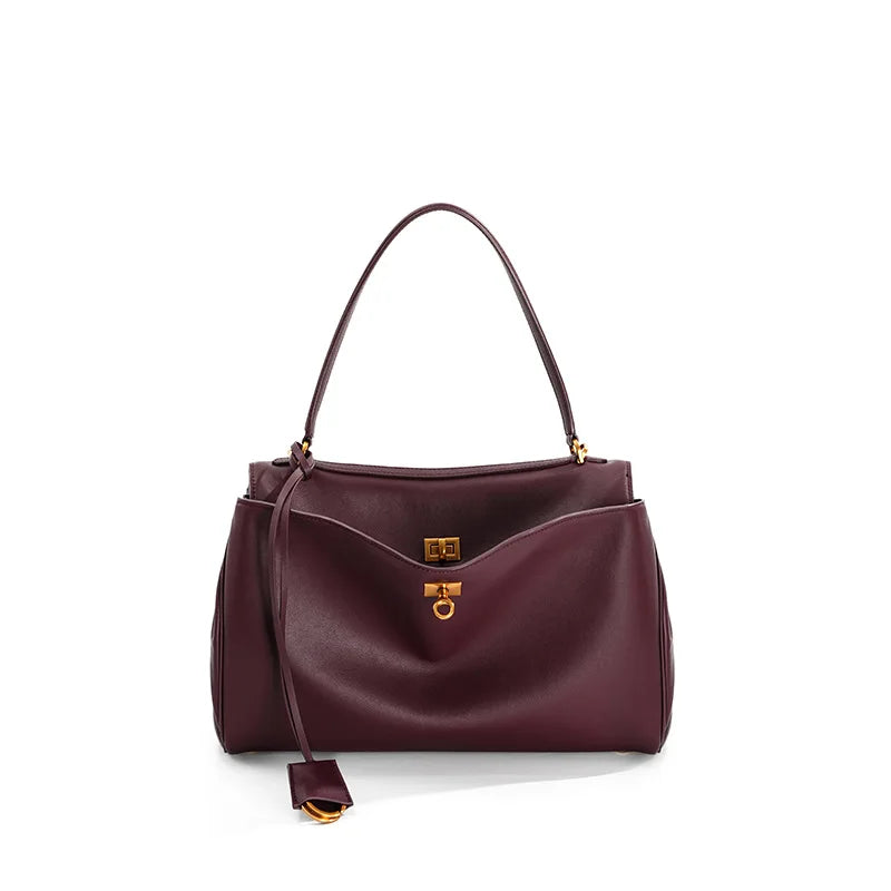 Genuine Leather Tote Bag with Buckle Closure, Large Capacity Underarm Shoulder Bag Designer Handbag Crossbody Purse for Women