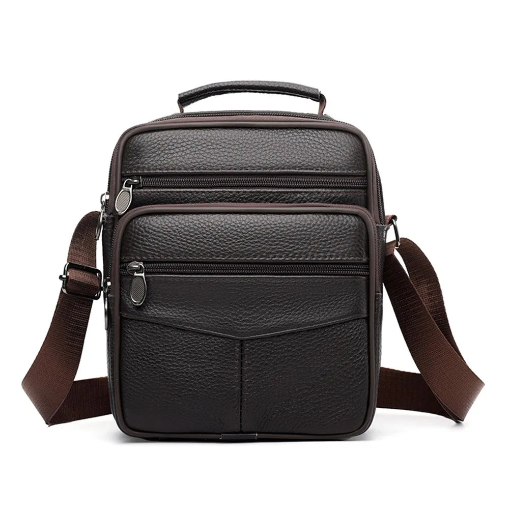 Natural Leather Men's Leather Handbag Small Size Tablet Compartment Genuine Leather Shoulder Bag Shoulder Strap Messenger Style