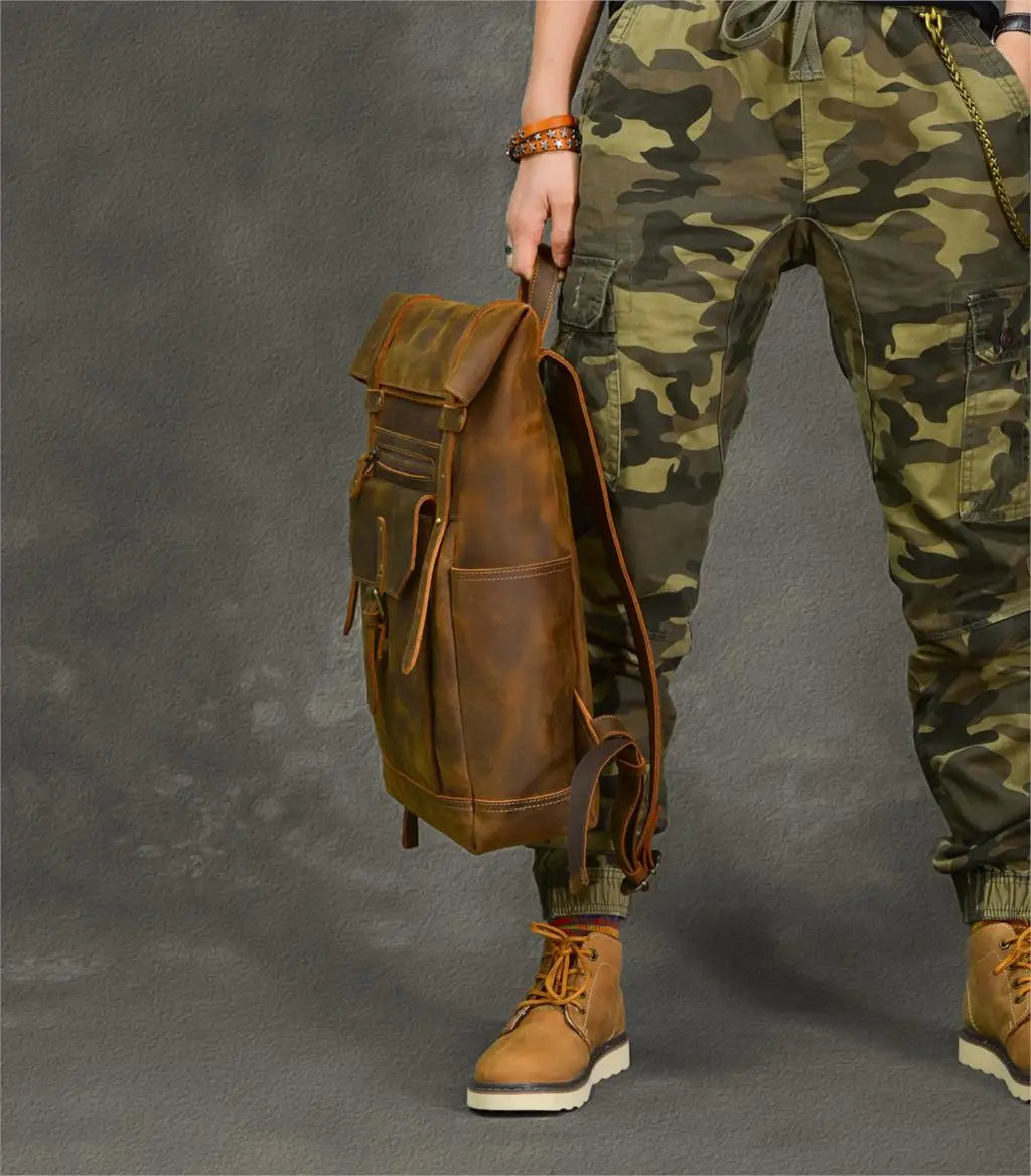 2025 New Genuine Leather Men's Backpack 15-17 Inch Laptop Bag Large Capacity Travel Backpacks Schoolbag Retro Shoulder Bags