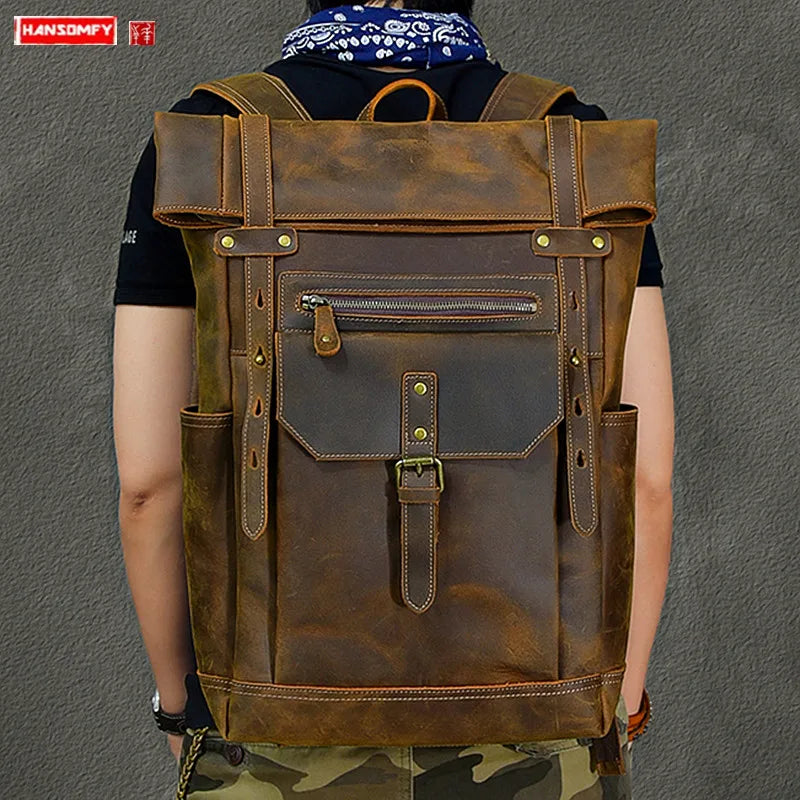 2025 New Genuine Leather Men's Backpack 15-17 Inch Laptop Bag Large Capacity Travel Backpacks Schoolbag Retro Shoulder Bags