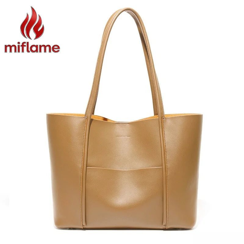 Genuine Leather Tote Bag for Women Commute Large Bag with Detachable Pouch & Shoulder Strap Logo-Free Minimalist Quiet Luxury