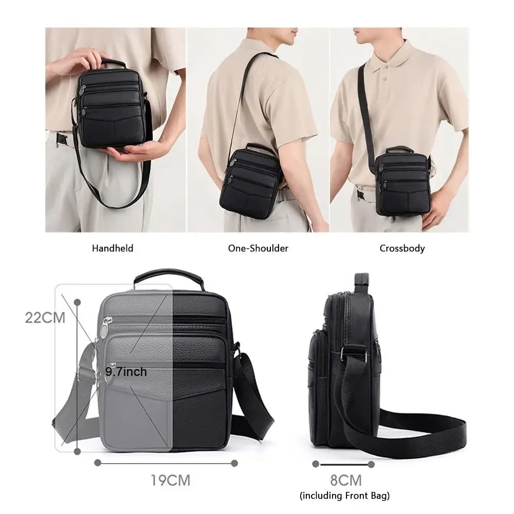 Natural Leather Men's Leather Handbag Small Size Tablet Compartment Genuine Leather Shoulder Bag Shoulder Strap Messenger Style