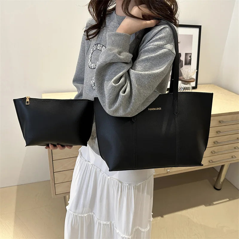 Black Leather Tote Bag with Clutch Bag, Large Capacity Handbag Shoulder Bags for Women Work, Travel, Everyday Use Commuter Bag