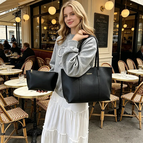 Black Leather Tote Bag with Clutch Bag, Large Capacity Handbag Shoulder Bags for Women Work, Travel, Everyday Use Commuter Bag