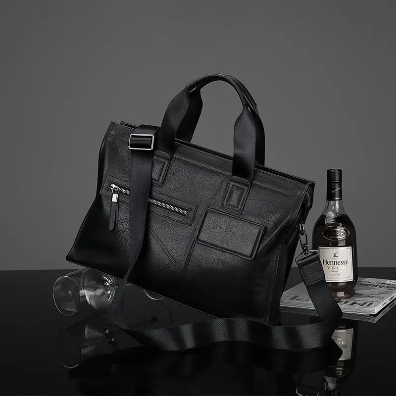 Men’s Fashion Leather Briefcase Large Capacity Business Tote Bag Trendy Handbag Genuine First Layer Cowhide
