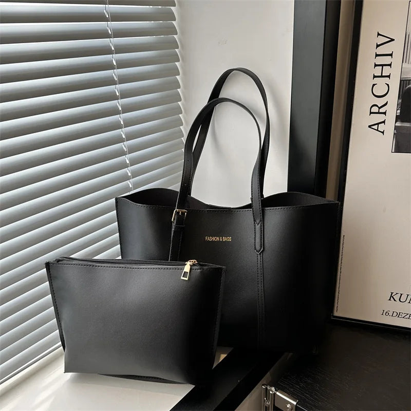 Black Leather Tote Bag with Clutch Bag, Large Capacity Handbag Shoulder Bags for Women Work, Travel, Everyday Use Commuter Bag